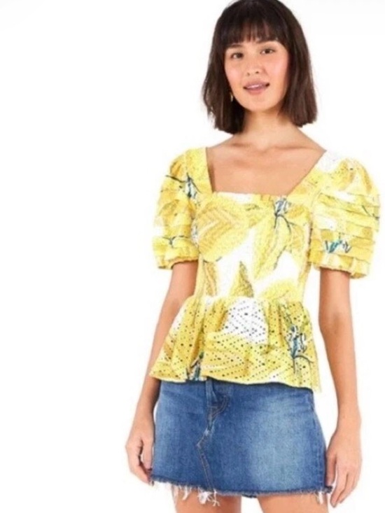 FARM Rio Tops - FARM RIO Azalea Yellow Floral Top XS Eyelet Smocked Puff Sleeve Tiered
